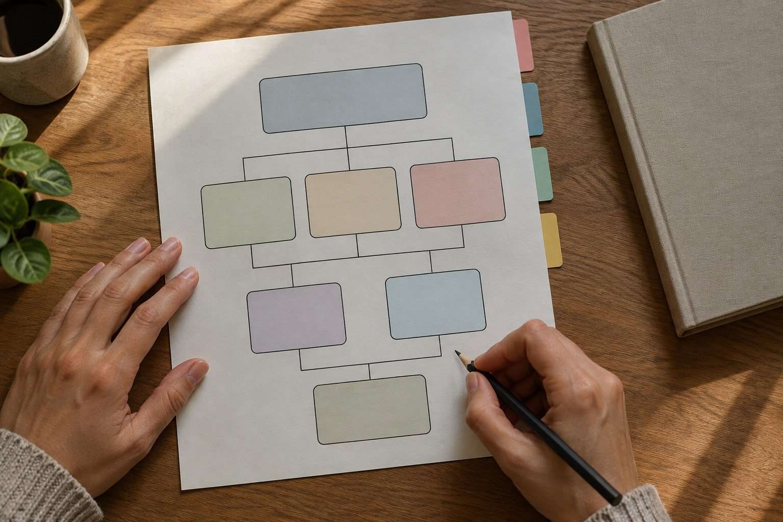 Esquema de estudio con bloques conectados y notas de repaso.